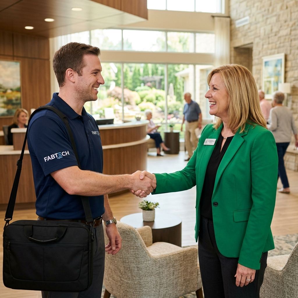 Fabtech technician wearing branded shirt shaking hands with senior living community director