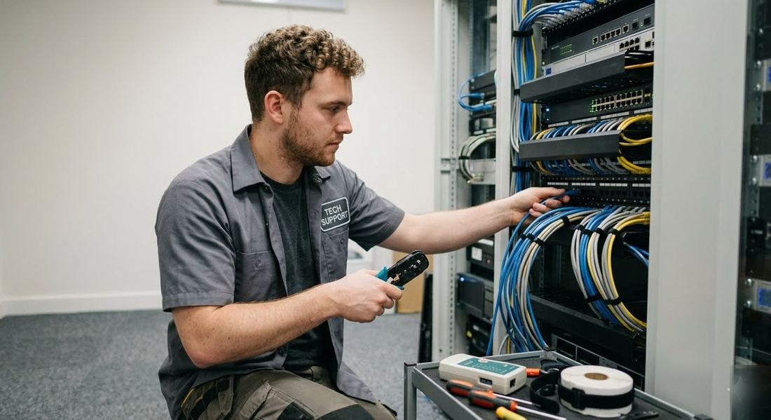 Fabtech technician setting up home networking equipment in an Atlanta, GA home