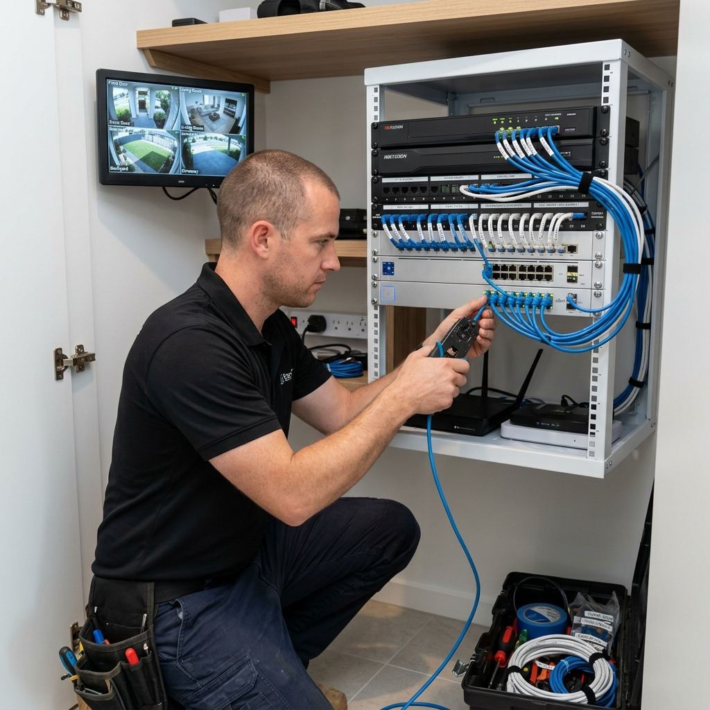 Fabtech technician installing a security camera and NVR system in an Atlanta, GA home