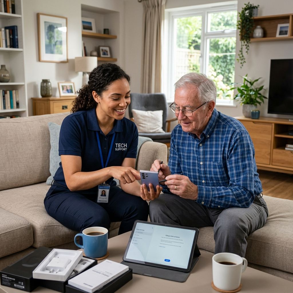 Fabtech technician helping a senior with technology at home in Atlanta, GA