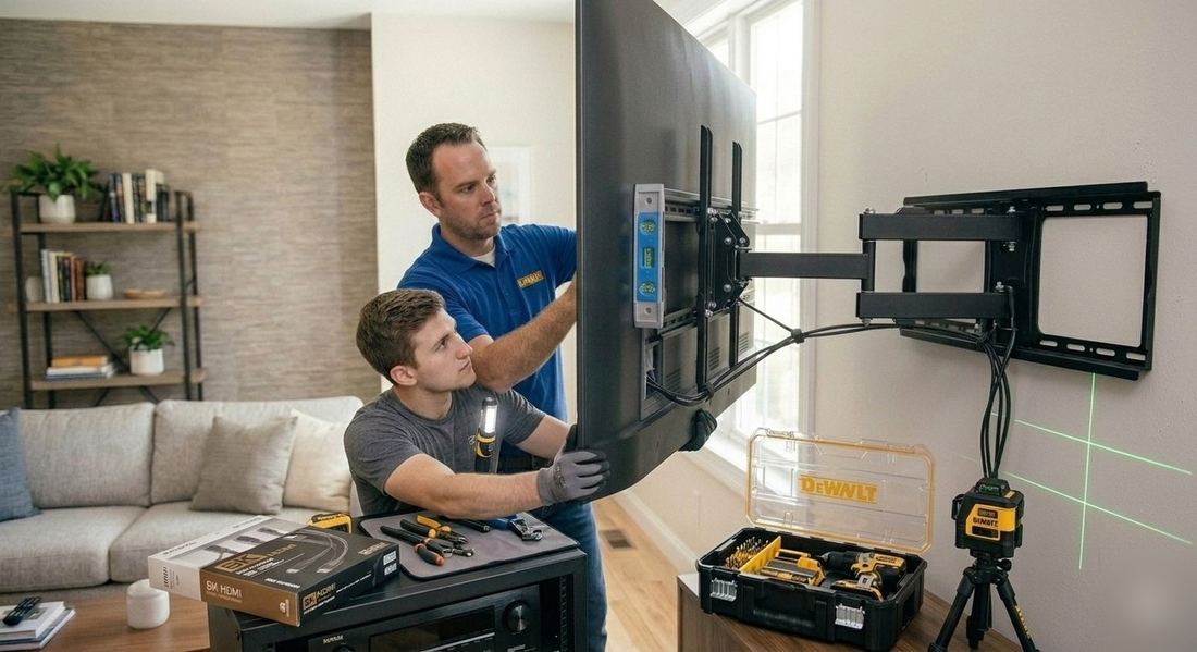 Fabtech technician mounting a flat-screen TV on a wall in an Atlanta, GA home