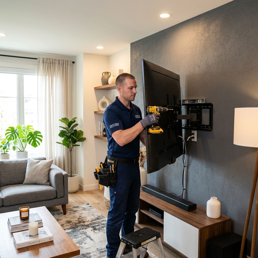 Fabtech technician mounting a TV in a Brookhaven, GA home